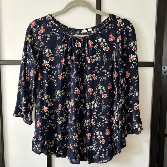 [XS] Gap Navy Blue & Pink Floral Printed 3/4 Sleeve Blouse Women’s Casual - Picture 1 of 7